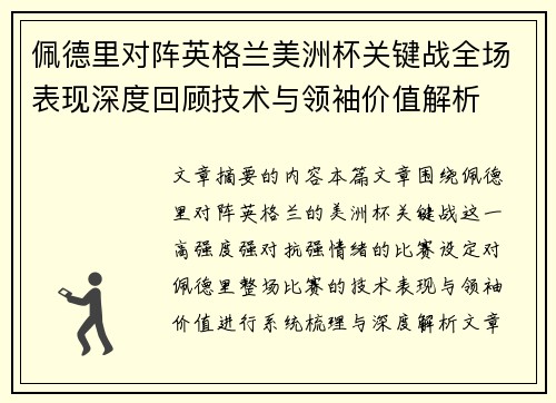 佩德里对阵英格兰美洲杯关键战全场表现深度回顾技术与领袖价值解析