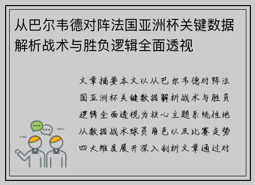 从巴尔韦德对阵法国亚洲杯关键数据解析战术与胜负逻辑全面透视